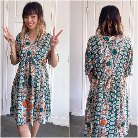 #8 Boho Green Paisley Print Mini Dress - Picture 3 of 4